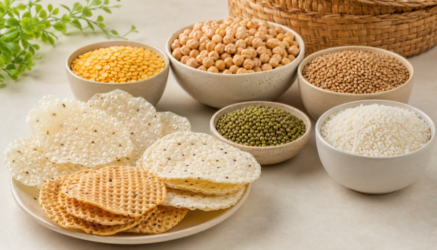 Pulses, grains and papad